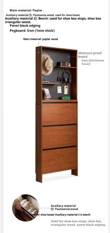 Poplar Solid Wood Flip Door Shoe Cabinet, Mid Century Entryway Storage Organizer with Slim Profile