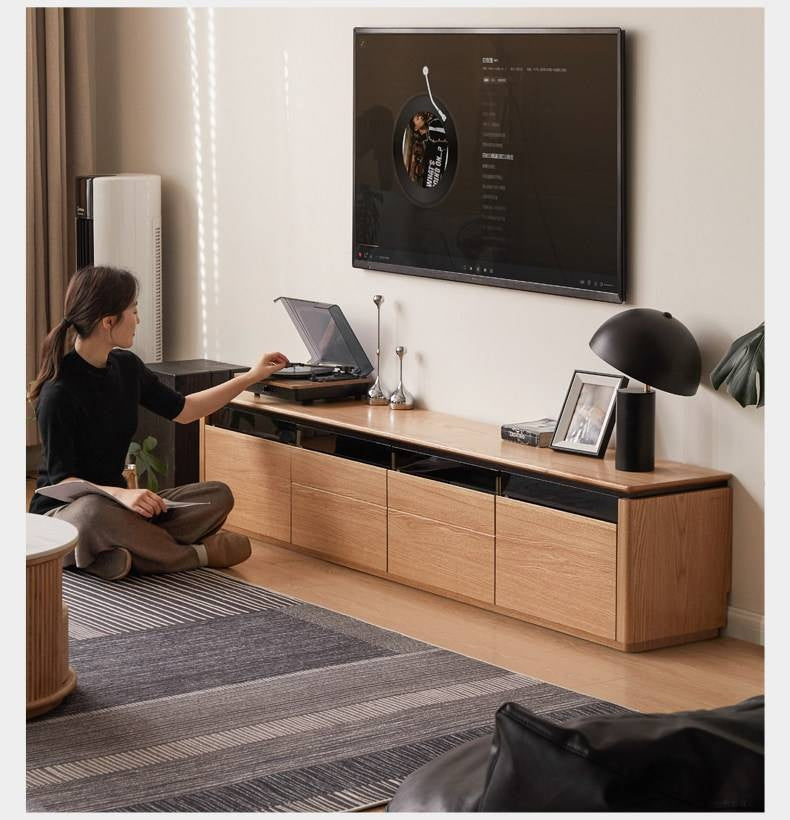 Oak Solid Wood TV Stand with Modern Minimalist Storage Design.