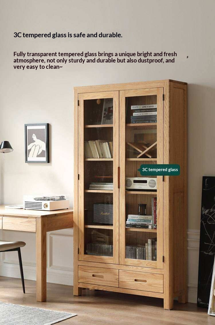 Oak, Solid Rubberwood Modern Bookcase with Glass Door Display Cabinet