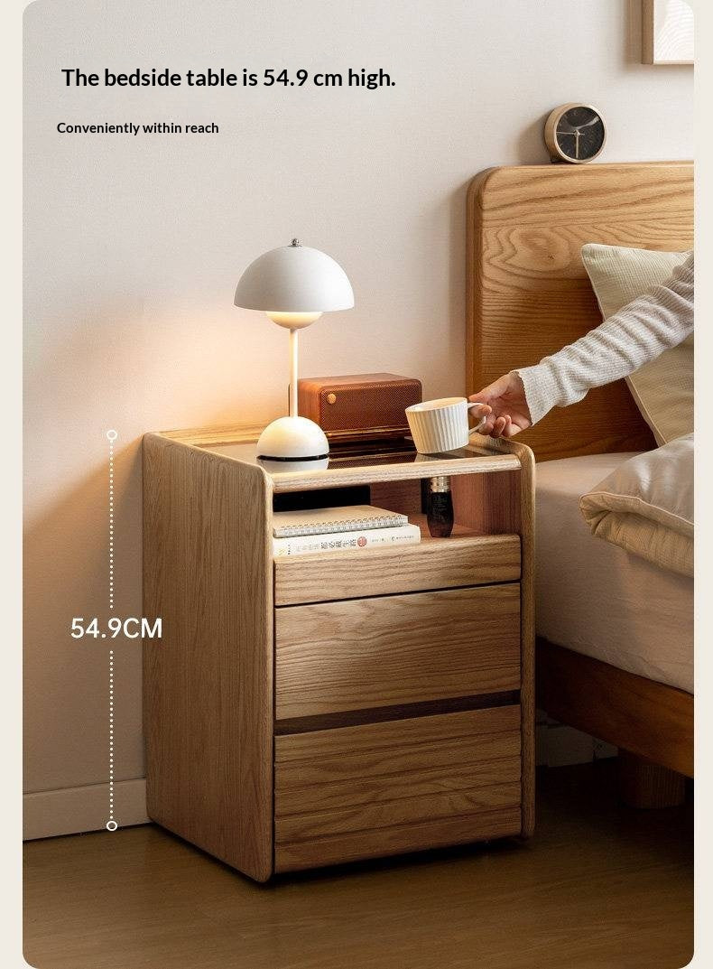 Ash Solid Wood Nightstand With Glass Top