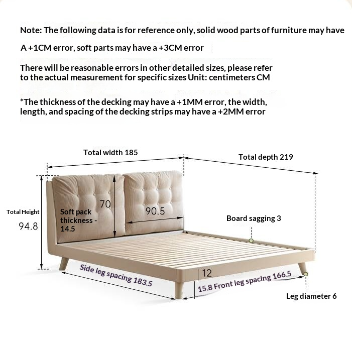 Oak, Rubberwood Solid Bed with Cream Finish — Casual Bedside with Soft Bag Backrest and White Soft Back