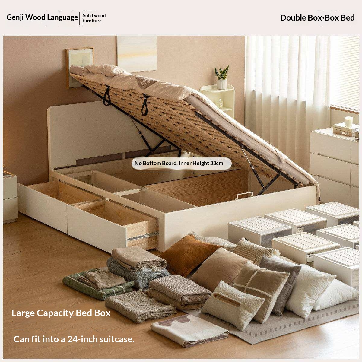 Rubberwood Solid Wood Platform Storage Bed with Gas Lift Base and Side Drawers