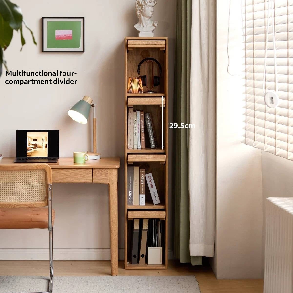 Solid Rubberwood Ultra-Narrow Bookcase with Flip-Down Front Panel