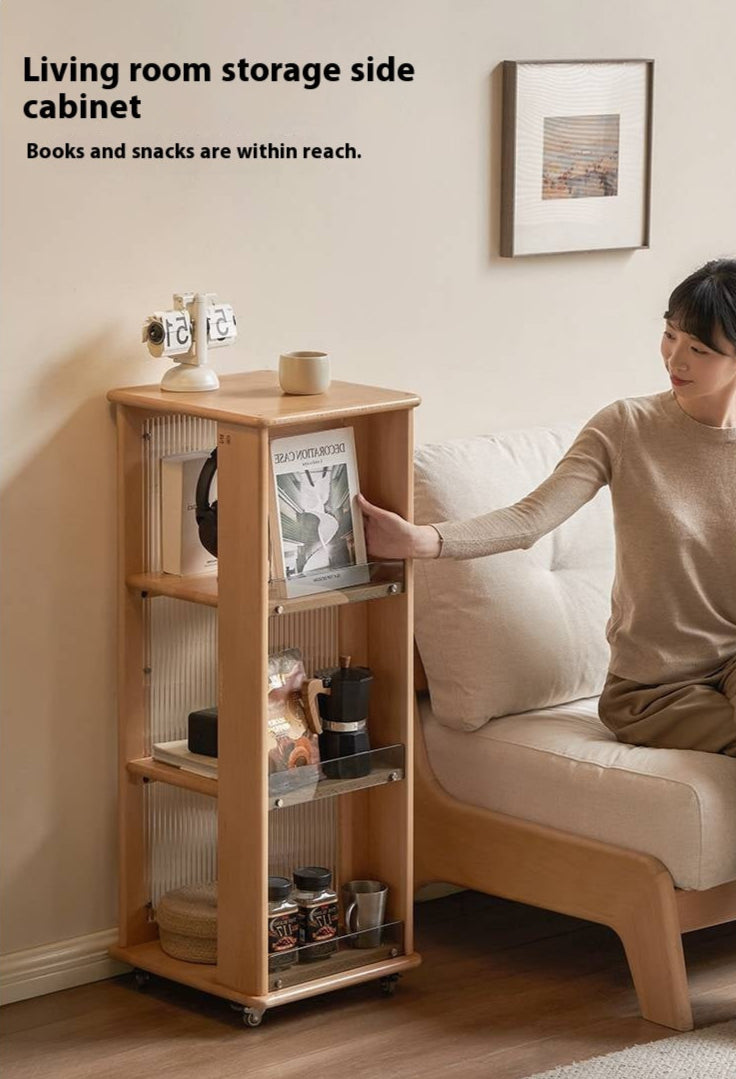 Beech Solid Wood Floor Movable Rack Side Cabinet.