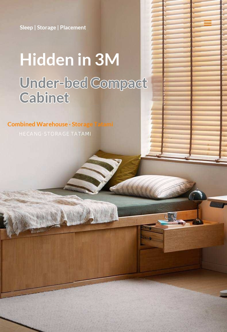 Rubberwood Solid Wood Low Platform Storage Bed with Side Drawers