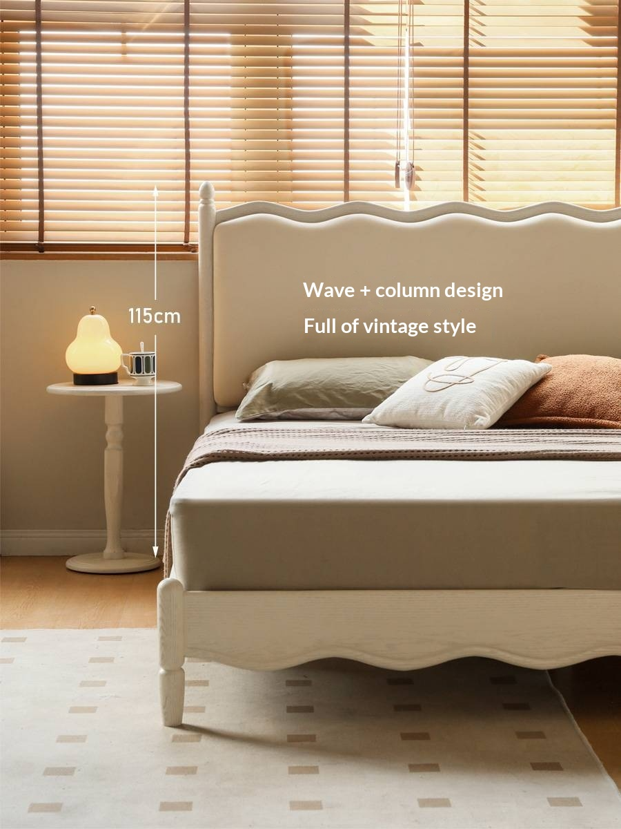 Rubberwood Solid Wood Upholstered Bed Retro Style White Bed