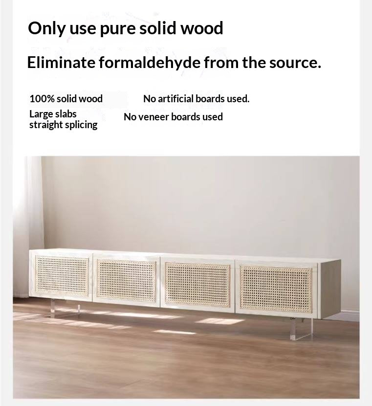Ash Solid Wood Rattan TV Cabinet Cream Style LED Lights.
