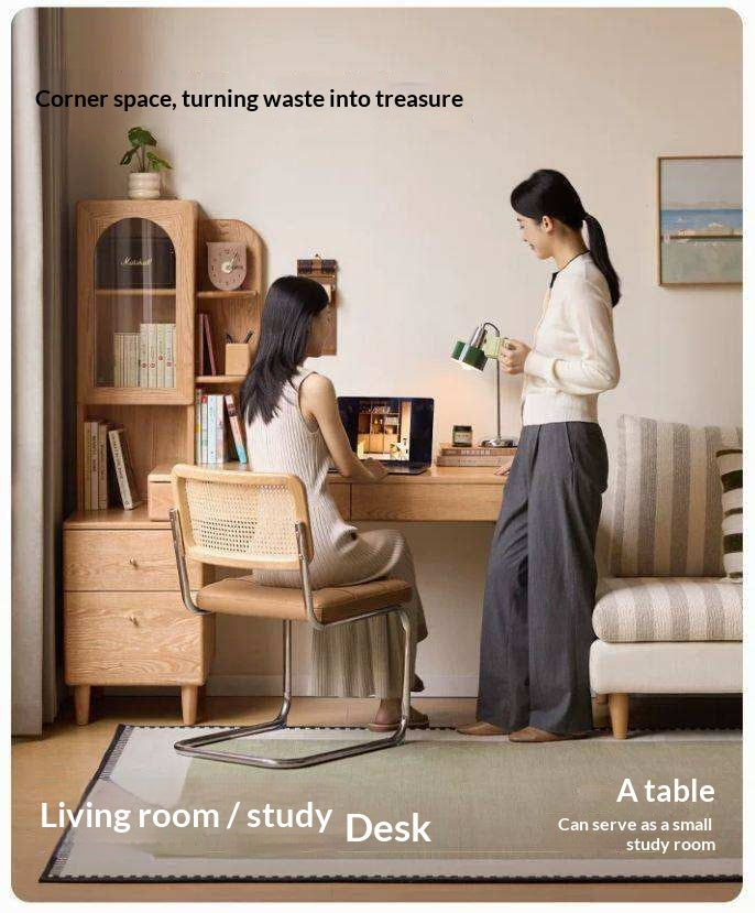 Oak Solid Wood Corner Office Desk with Integrated Bookshelf
