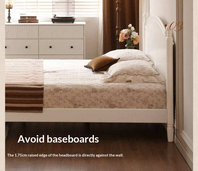 Rubberwood Solid Wood French Style Bed with White Curved Headboard and Elegant Retro Frame