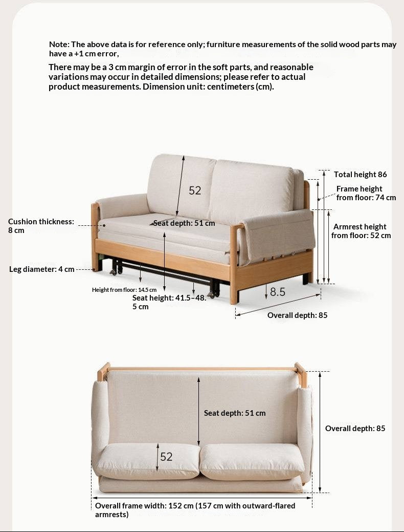 Beech Solid Wood Sleeper Sofa with Pull-Out Bed and Slatted Wood Armrests