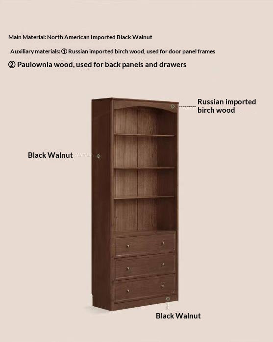 Black Walnut Solid Wood Bookshelf and Display Cabinet with Vintage French Profile