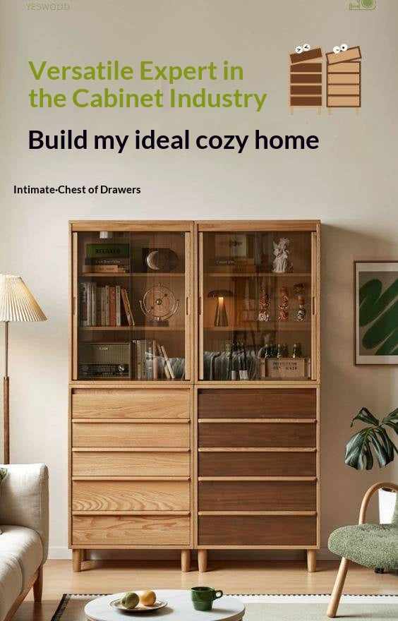 Black Walnut, Oak Solid Wood Glass Display Cabinet with Drawers