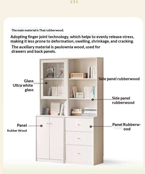 Solid RubberWood Bookcase Cream White Free Combination Glass Door Display Cabinet