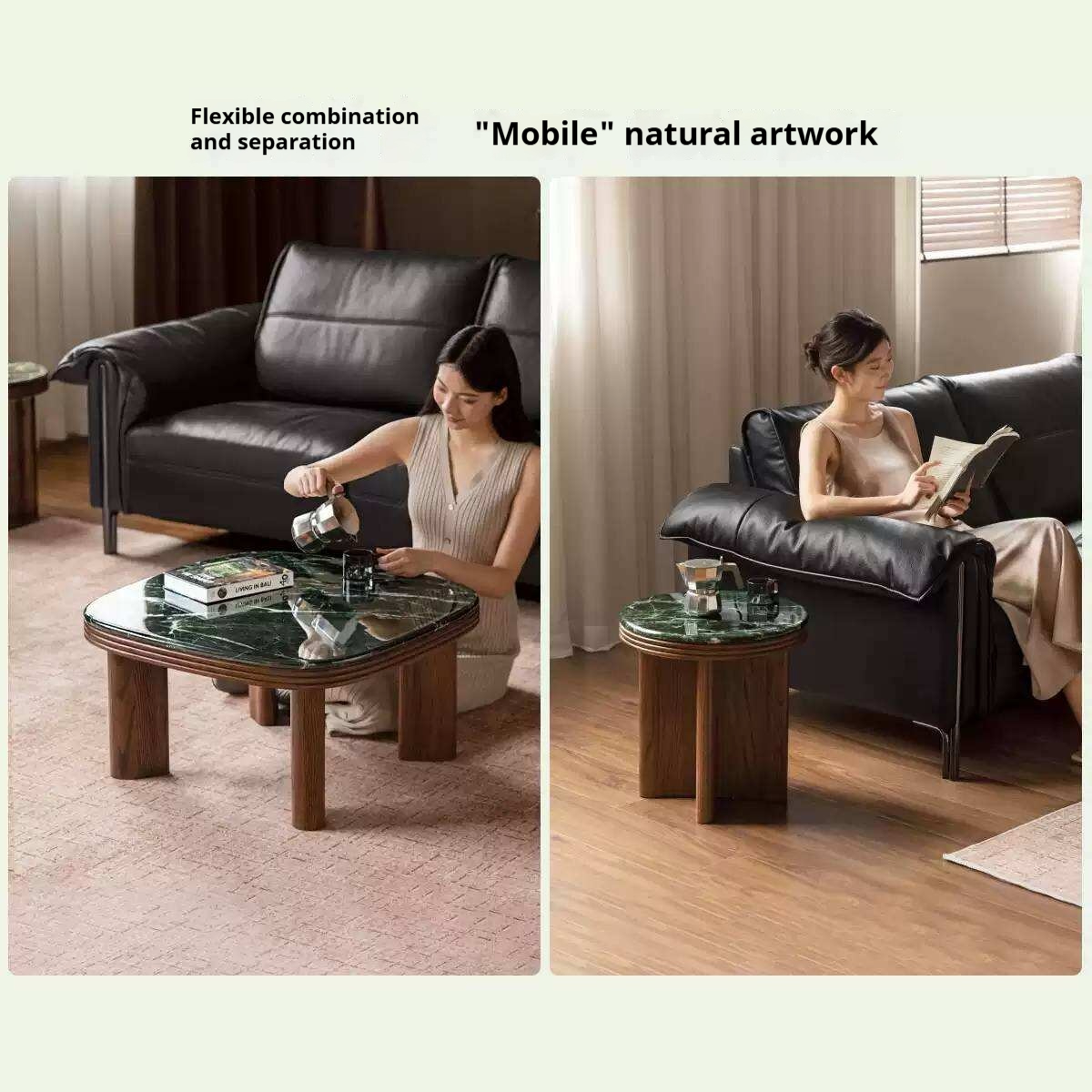 Oak Solid Wood Coffee Table with Green Marble Surface
