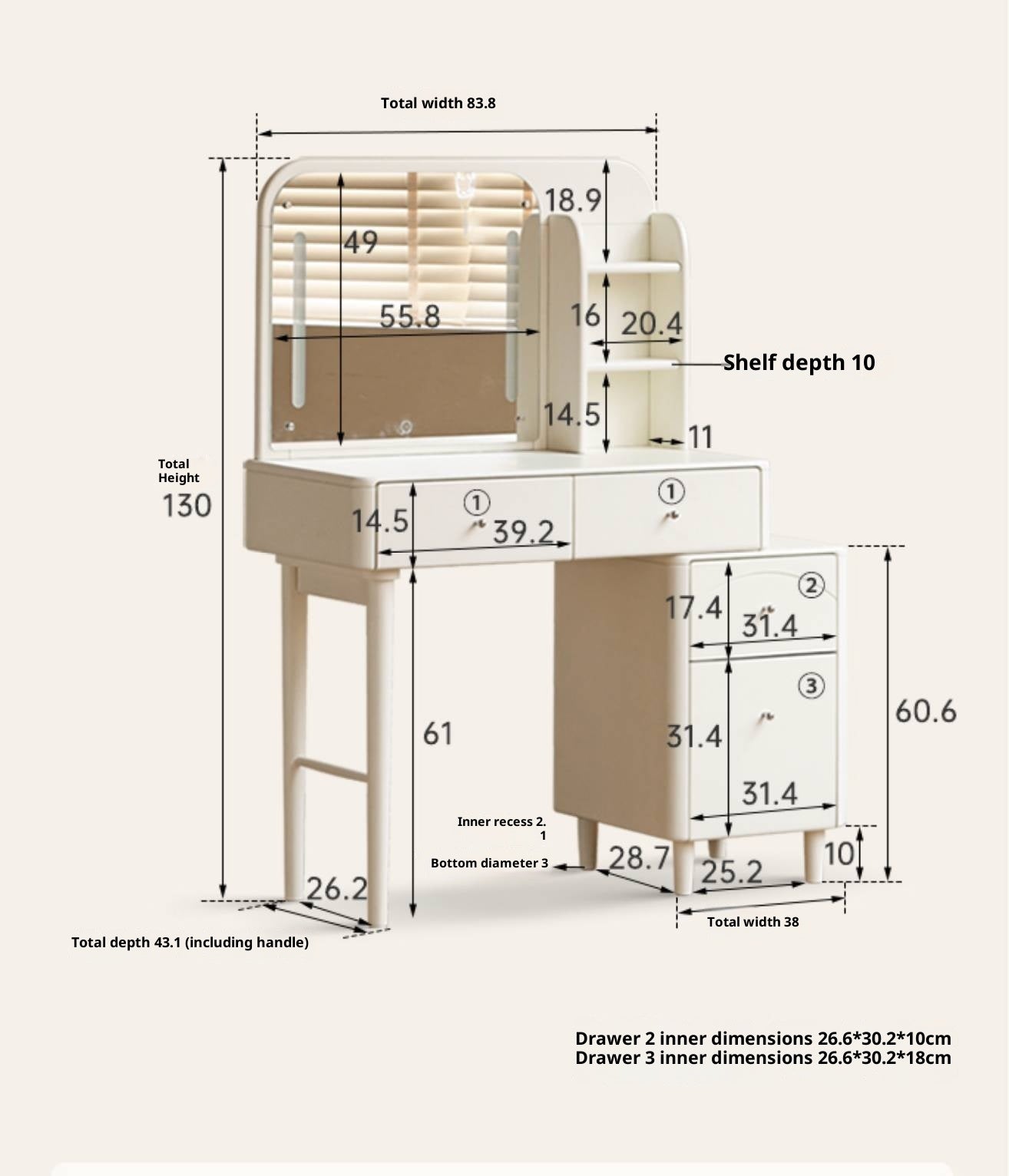Solid Rubberwood Telescopic Multifunctional Vanity Table