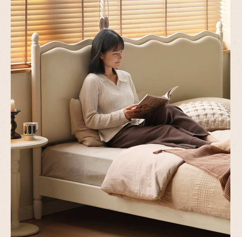 Rubberwood Solid Wood Upholstered Bed Retro Style White Bed