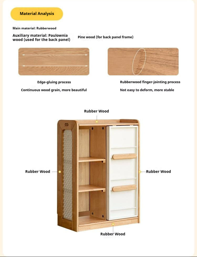 Solid Rubberwood Children's Bookcase with Sliding Doors and Toy Storage