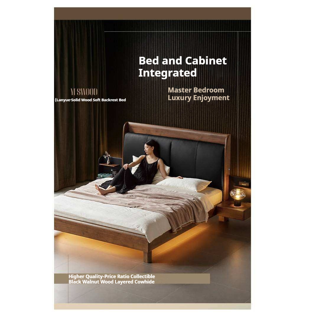Black Walnut Solid Wood Genuine Leather Curved Leather Bed with Floating Base and LED Lighting