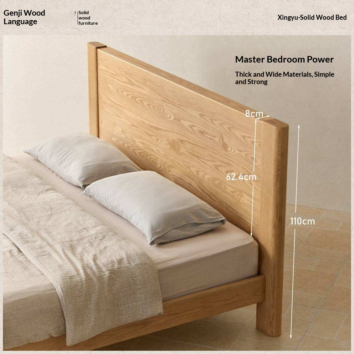 White Ash Solid Wood Platform Bed with Tall Flat Panel Headboard