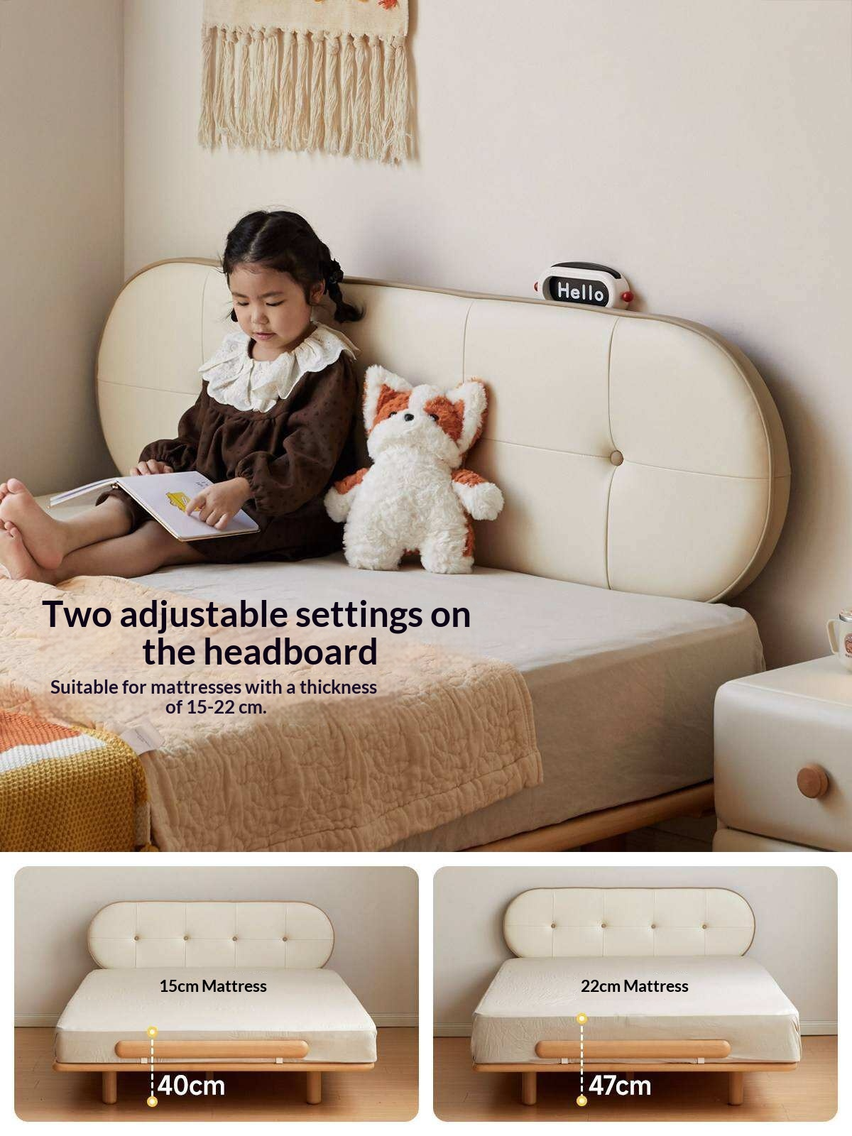 Beech Solid Wood Kids Floating Platform Bed with Upholstered Headboard and Optional Guardrails