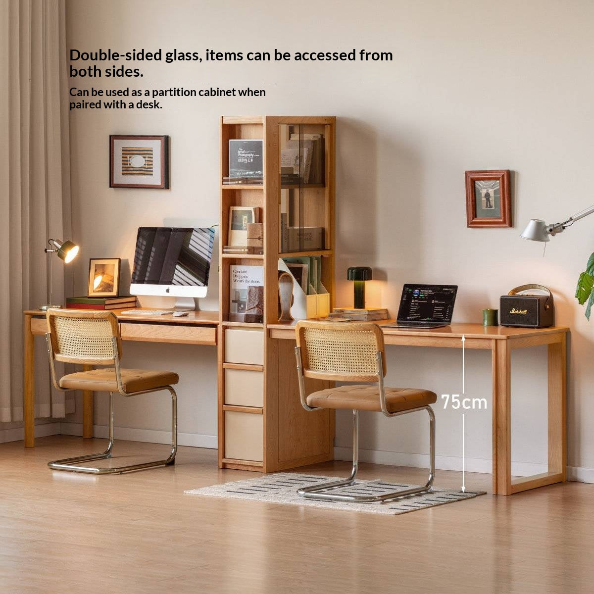 Cherry Solid Wood Office Desk with Integrated Bookshelf