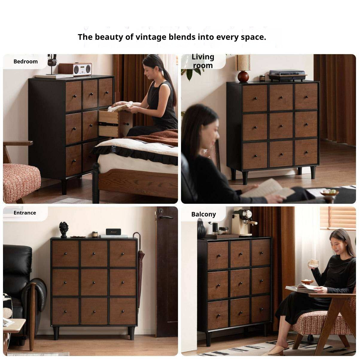 Rubberwood Solid 9-Drawer Dresser, Mid Century Bedroom Storage Cabinet