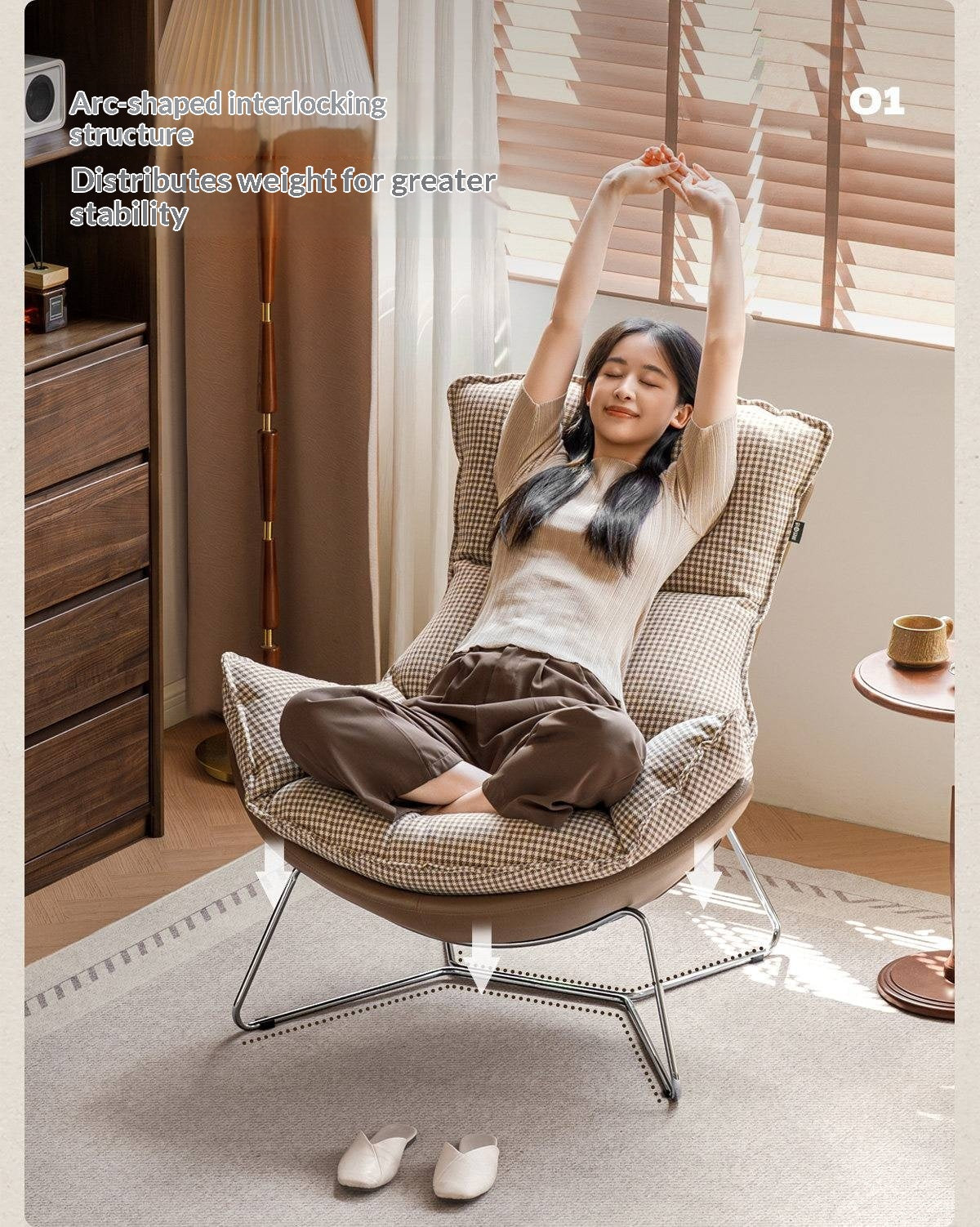 Eggshell Contemporary Fabric Lounge Chair with Metal Base