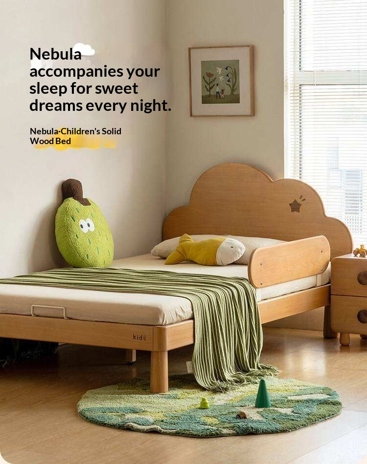 Beech Solid Wood Kids Montessori Platform Bed with Cloud Headboard