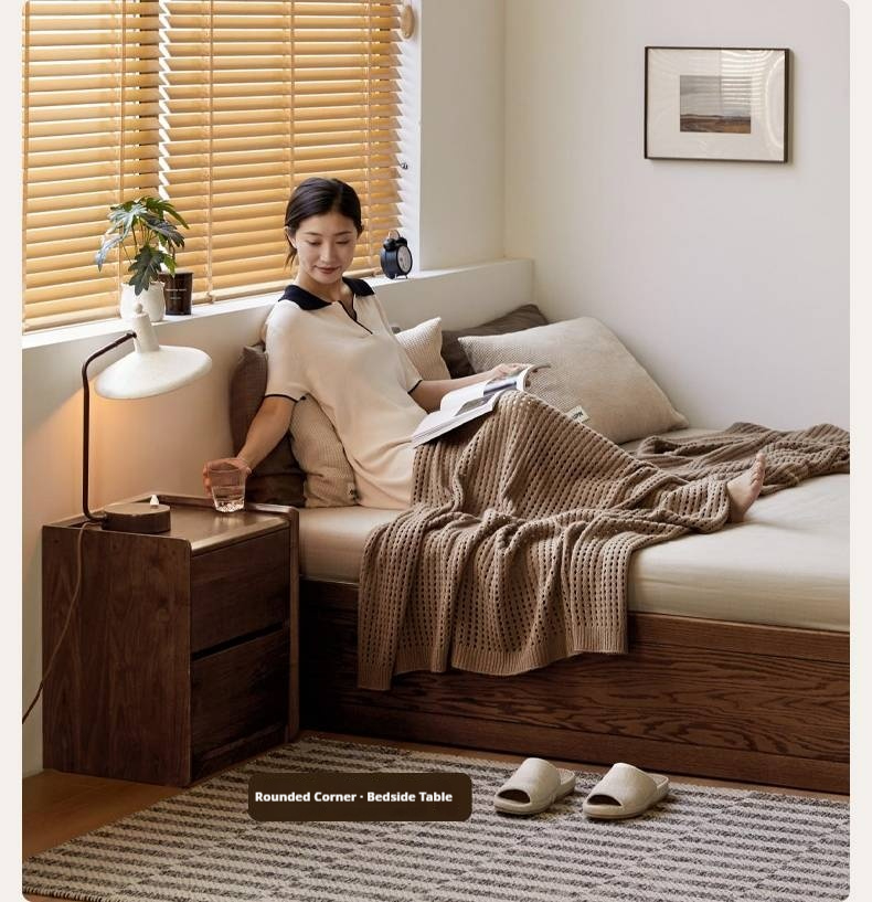 Oak, Rubberwood Solid Wood Platform Box Bed, Headboard-Free Bed Modern Minimalist