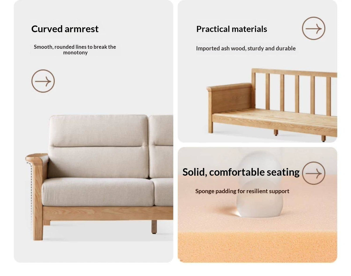 Ash Solid Wood Exposed Wood Frame Sofa with Slat Back Panel