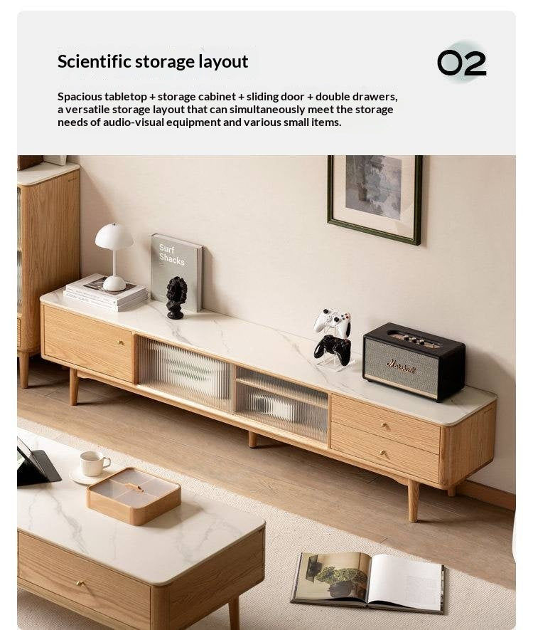 Oak, Poplar, Beech Solid Wood Sliding Door TV Stand With Rock Slab Surface.