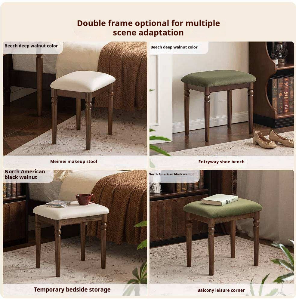 Black Walnut Solid Wood Vintage Vanity Stool with Turned Legs