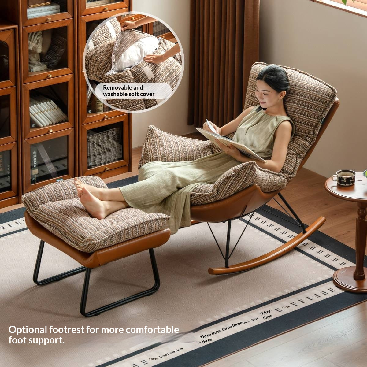 Egg Shell Lounge Chair with Rocking Base, Upholstered Cocoon Accent Chair Beech Legs