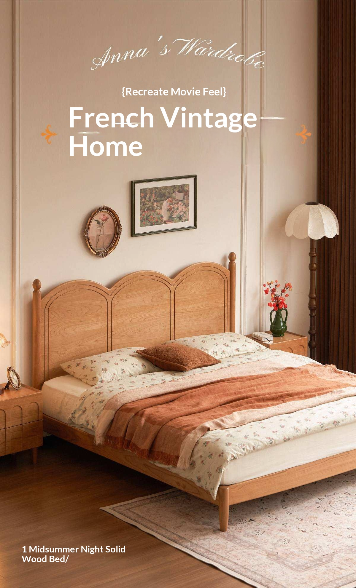 Cherry Solid Wood French Country Arched Platform Bed with Spindle Legs