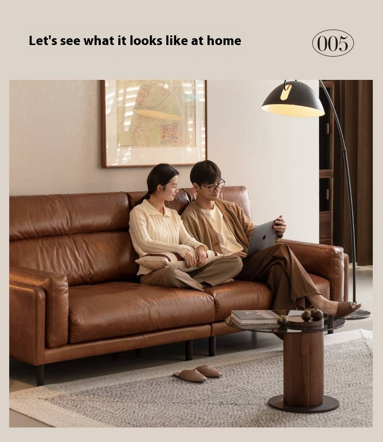 Full Leather High-Back Sofa with Oil-Wax Finish Italian-Style