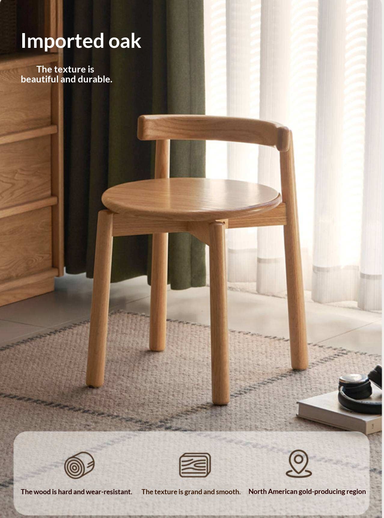 Black Walnut, Oak Solid Wood Low Back Makeup Stool with Round Seat