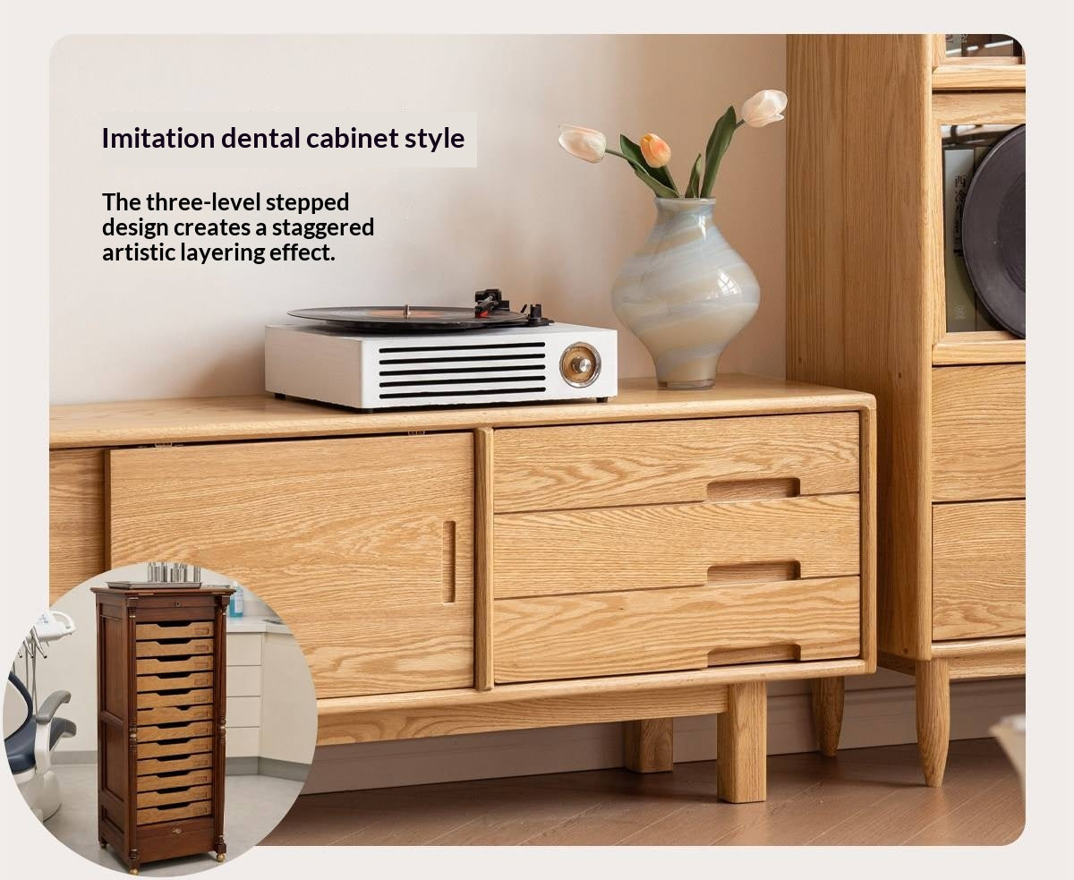 Oak Solid Wood TV Console with Ribbed Sliding Doors and Open Shelving