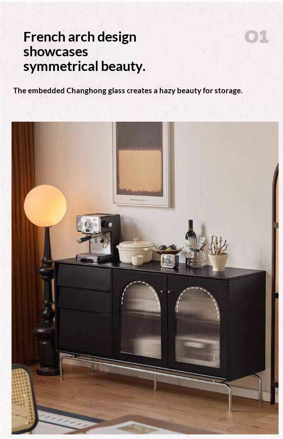 Solid Rubberwood French Retro Sideboard Black Glass