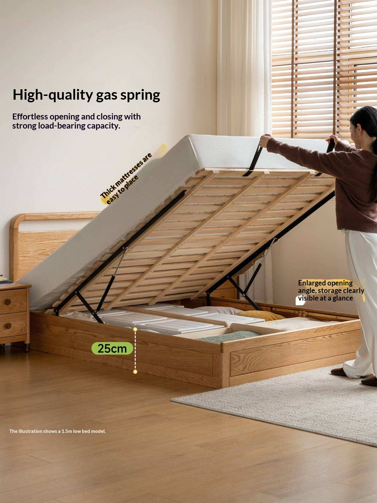 Oak, Rubberwood Solid Wood Storage Bed with Adjustable Height and Gas Lift