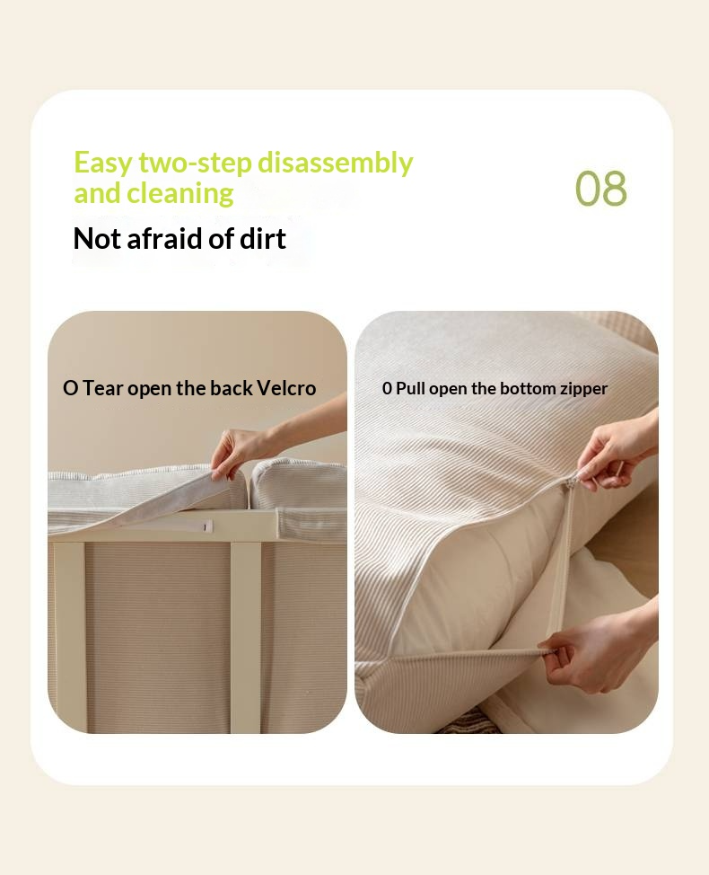 Oak, Rubberwood Solid Bed with Cream Finish — Casual Bedside with Soft Bag Backrest and White Soft Back