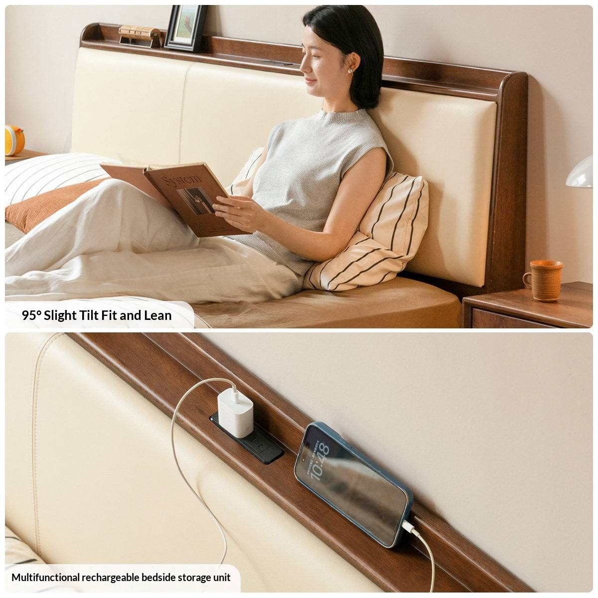 Golden Rosewood Solid Wood Modern Bed with Leather Upholstered Headboard and Built-In Power Outlets