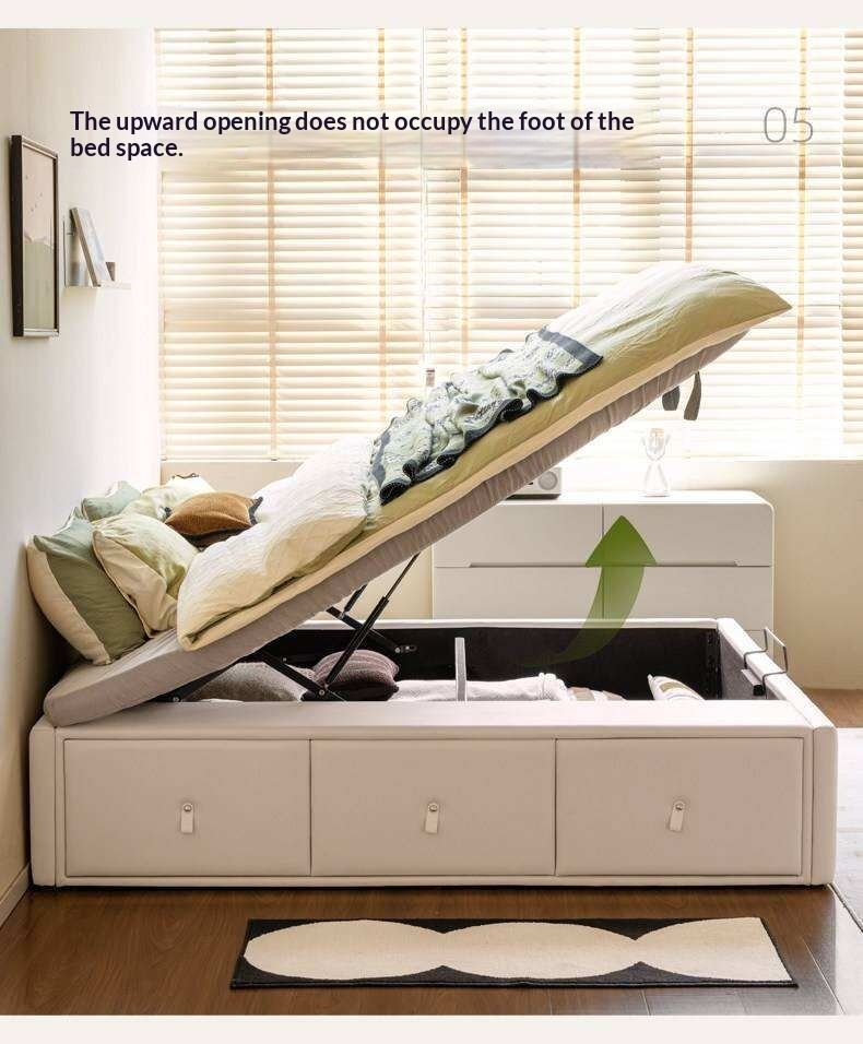Upholstered Storage Platform Bed, Modern Minimalist White Eco Leather Tatami Bed with Box Storage