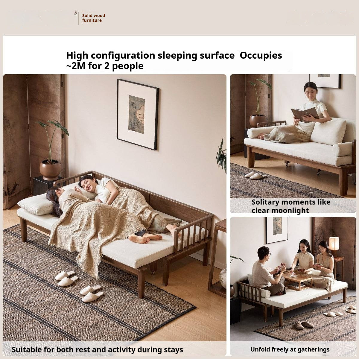 Black Walnut, Ash Solid Wood Daybed Sleeper Sofa with Slatted Wood Back and Arms