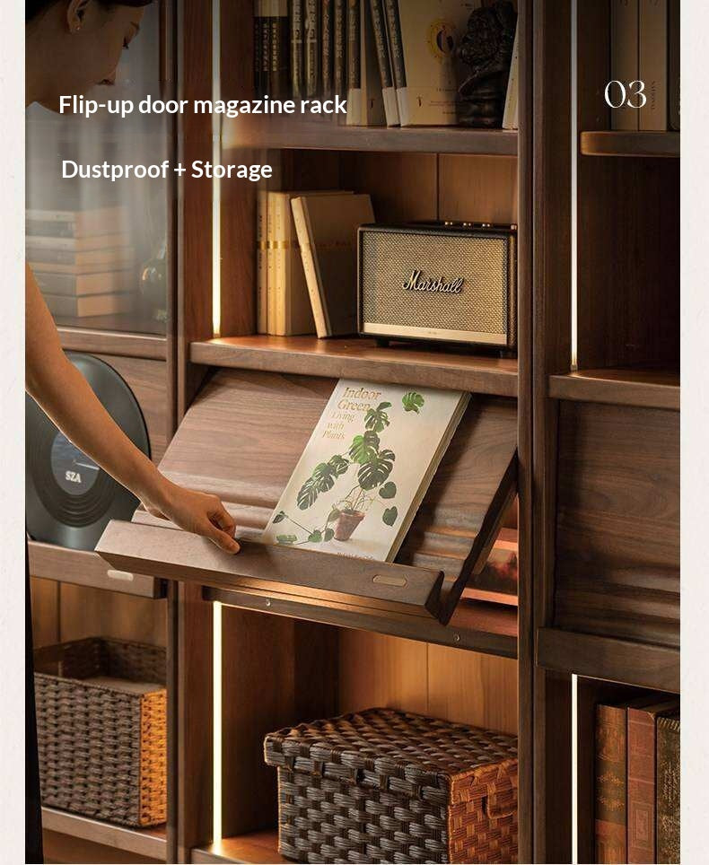Black Walnut Solid Wood Combination Bookcase with Wall Storage and Floor Display