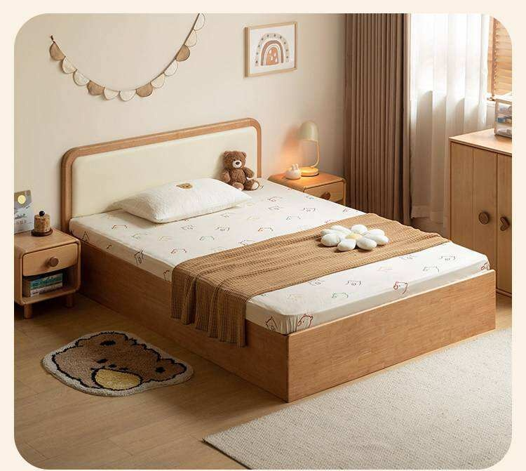 Oak, Rubberwood Solid Wood Upholstered Kids Storage Bed with Gas Lift and Rounded Headboard