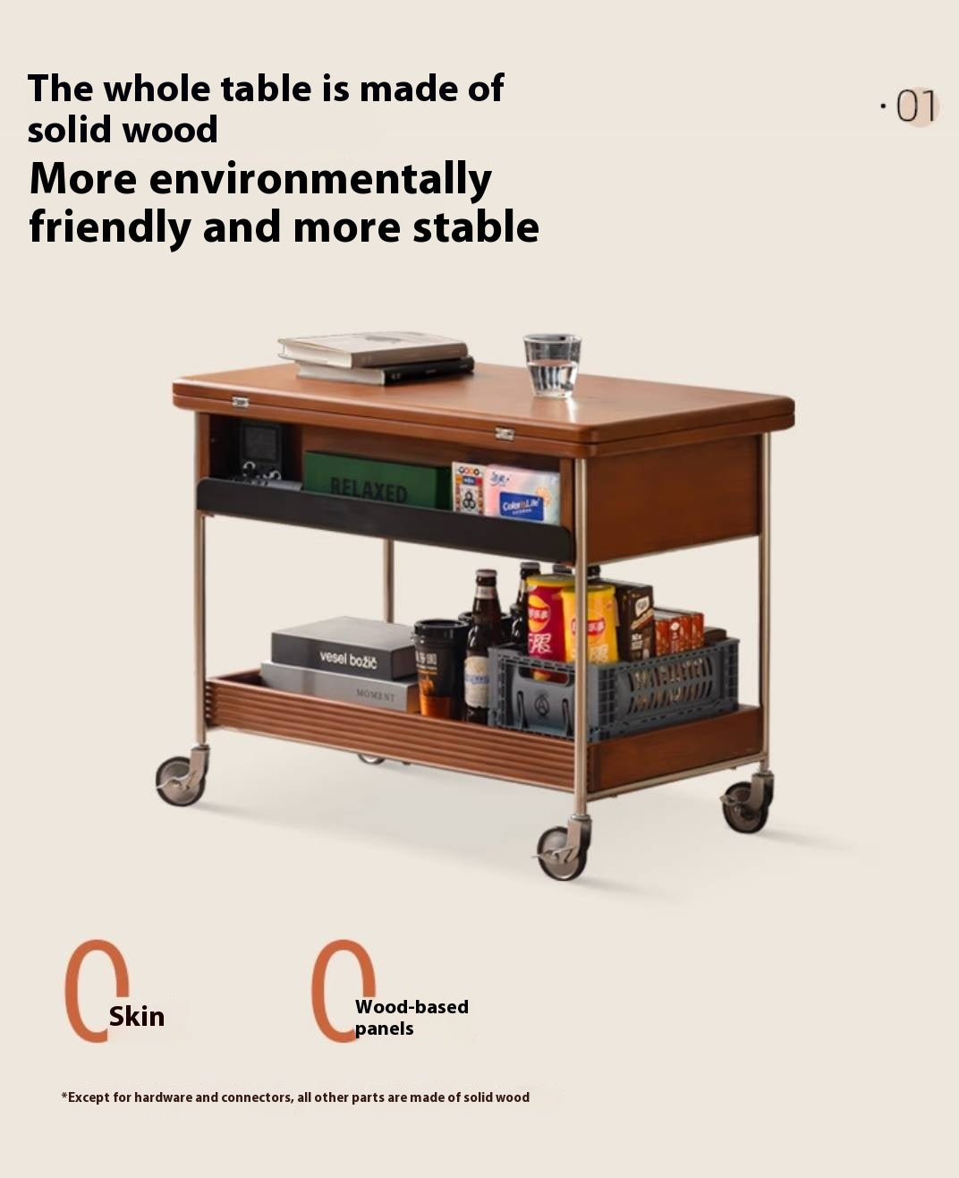 Poplar Solid Wood Middle Ancient Style Mobile Coffee Table