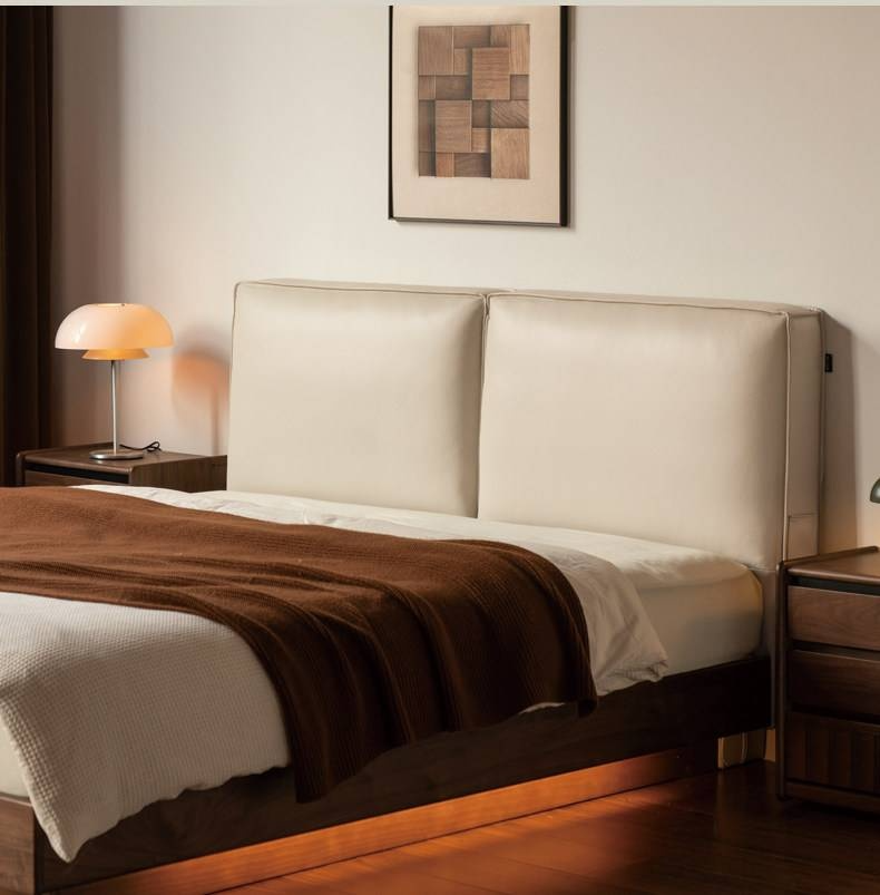 Black Walnut Solid Wood Box Bed — Italian Light Luxury, Genuine Leather Upholstered Headboard