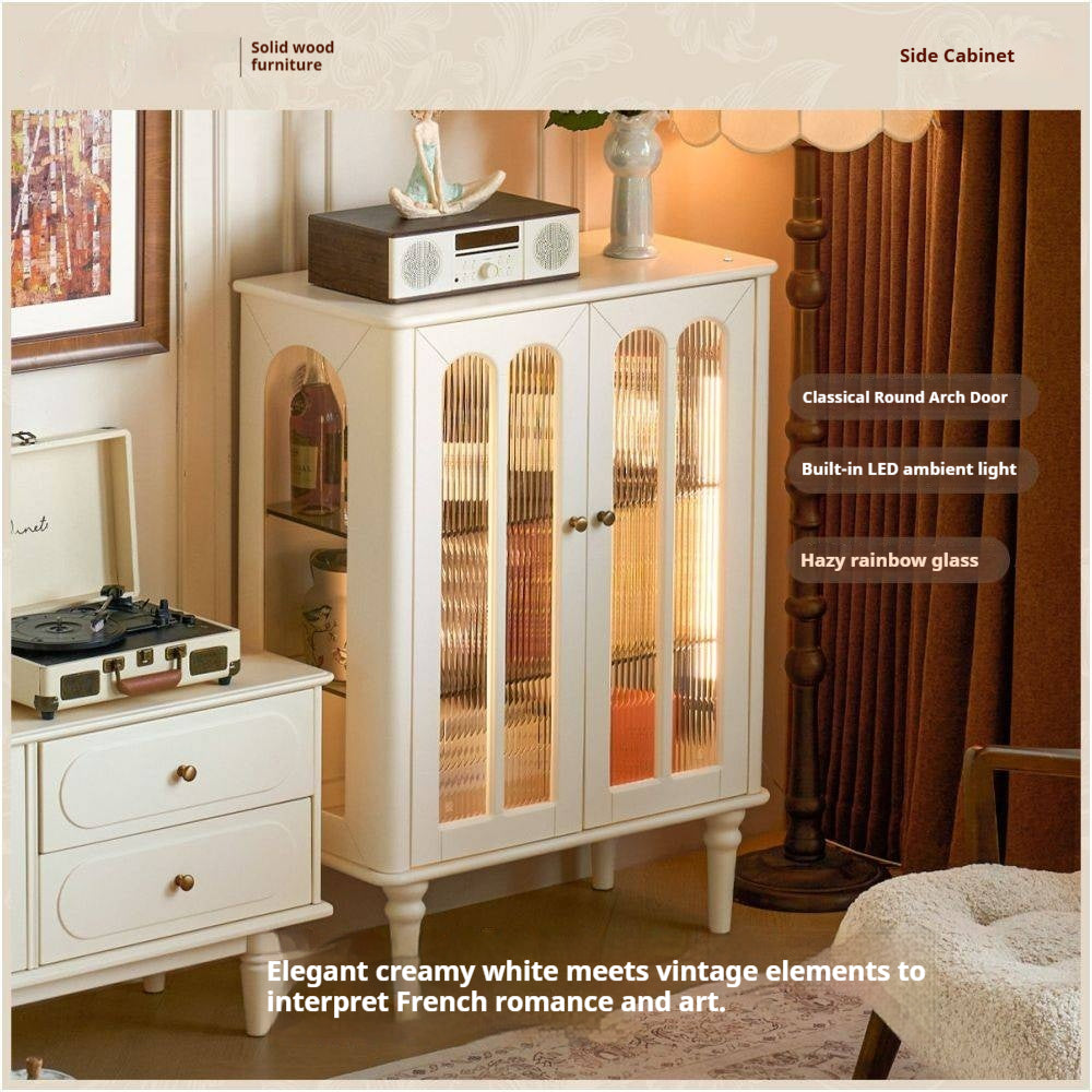 Solid RubberWood French Accent Cabinet with Round Arch Glass Doors and Turned Legs