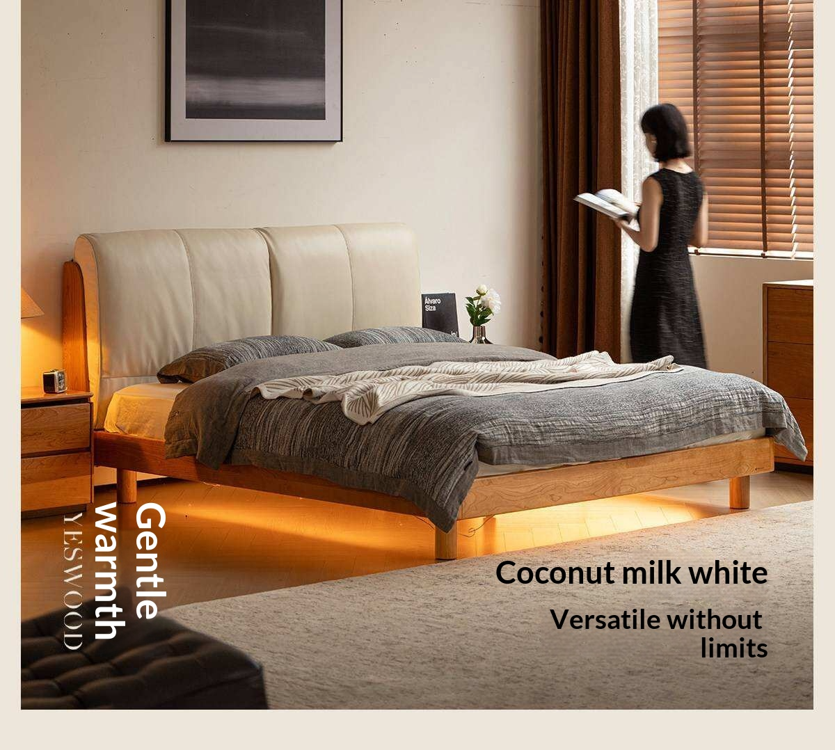 Cherry Solid Wood Bed with Genuine Leather Upholstered Headboard and LED Lighting