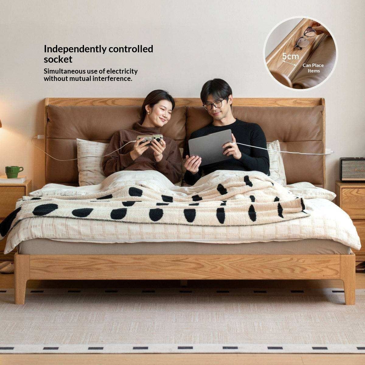 Oak Solid Wood Modern Leather Bed